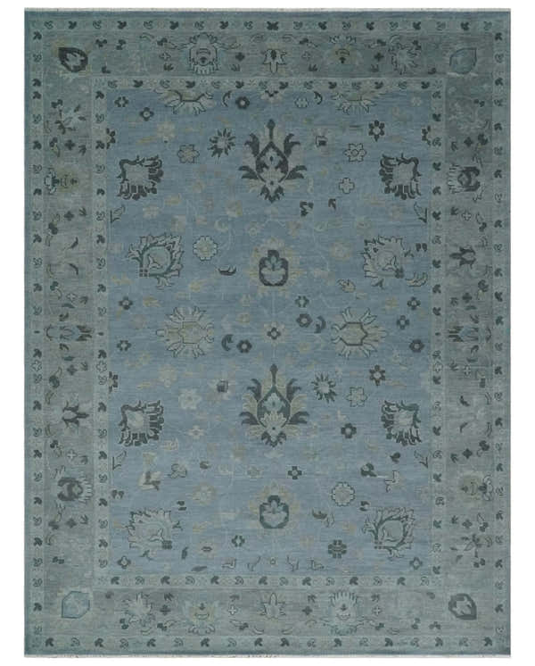 Antique style Blue, Silver and Charcoal Hand Knotted Oushak Wool Area Rug