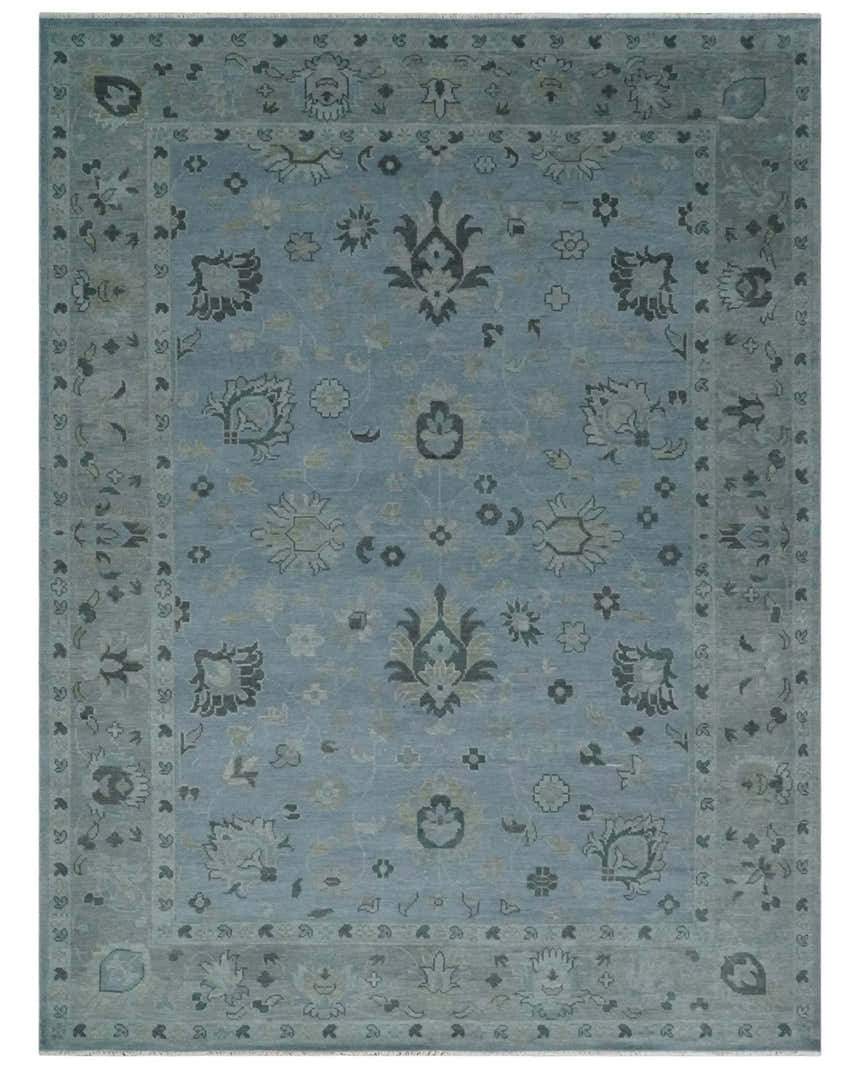 Antique style Blue, Silver and Charcoal Hand Knotted Oushak Wool Area Rug
