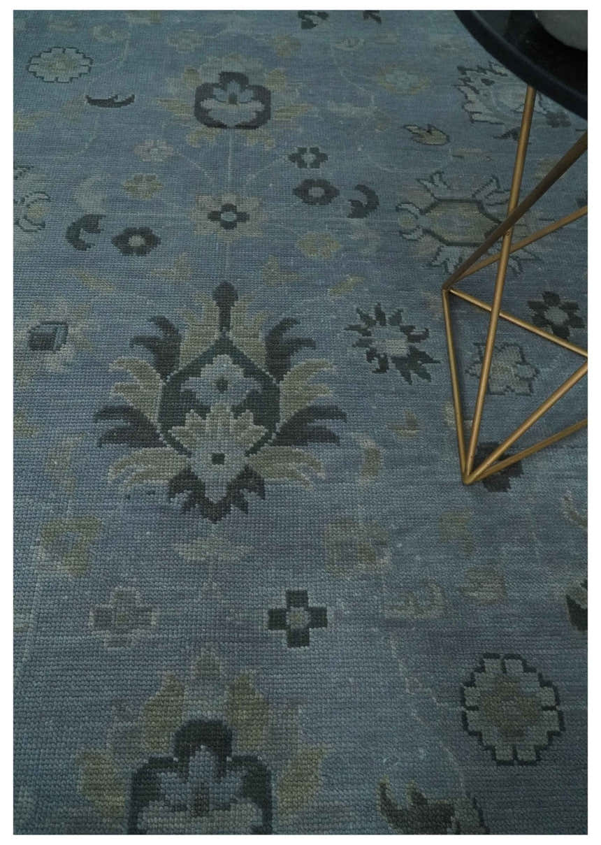 Antique style Blue, Silver and Charcoal Hand Knotted Oushak Wool Area Rug