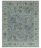 Antique Style Custom Made Charcoal, Silver and Green Hand Knotted Oriental Oushak Wool Area Rug