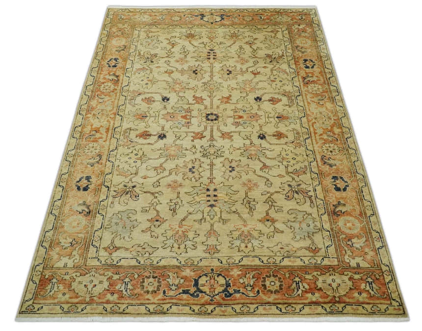 Antique Style Empress Tabriz 6x8 Hand Knotted Beige and Rust Modern Traditional Wool Rug | N35368