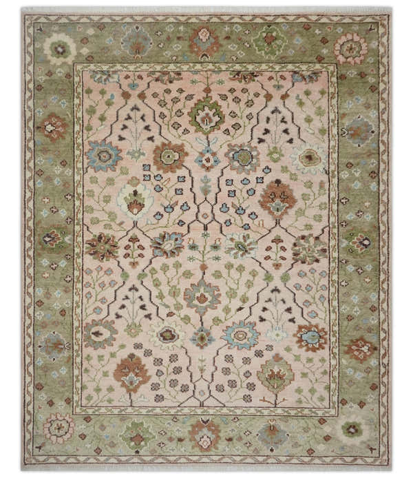 Antique Style floral Hand knotted Peach Pink and Green Custom Made Wool Area Rug
