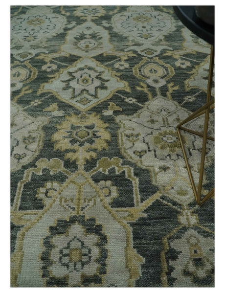 Antique style Gray, Ivory and Olive Hand knotted Traditional Oushak wool Area Rug