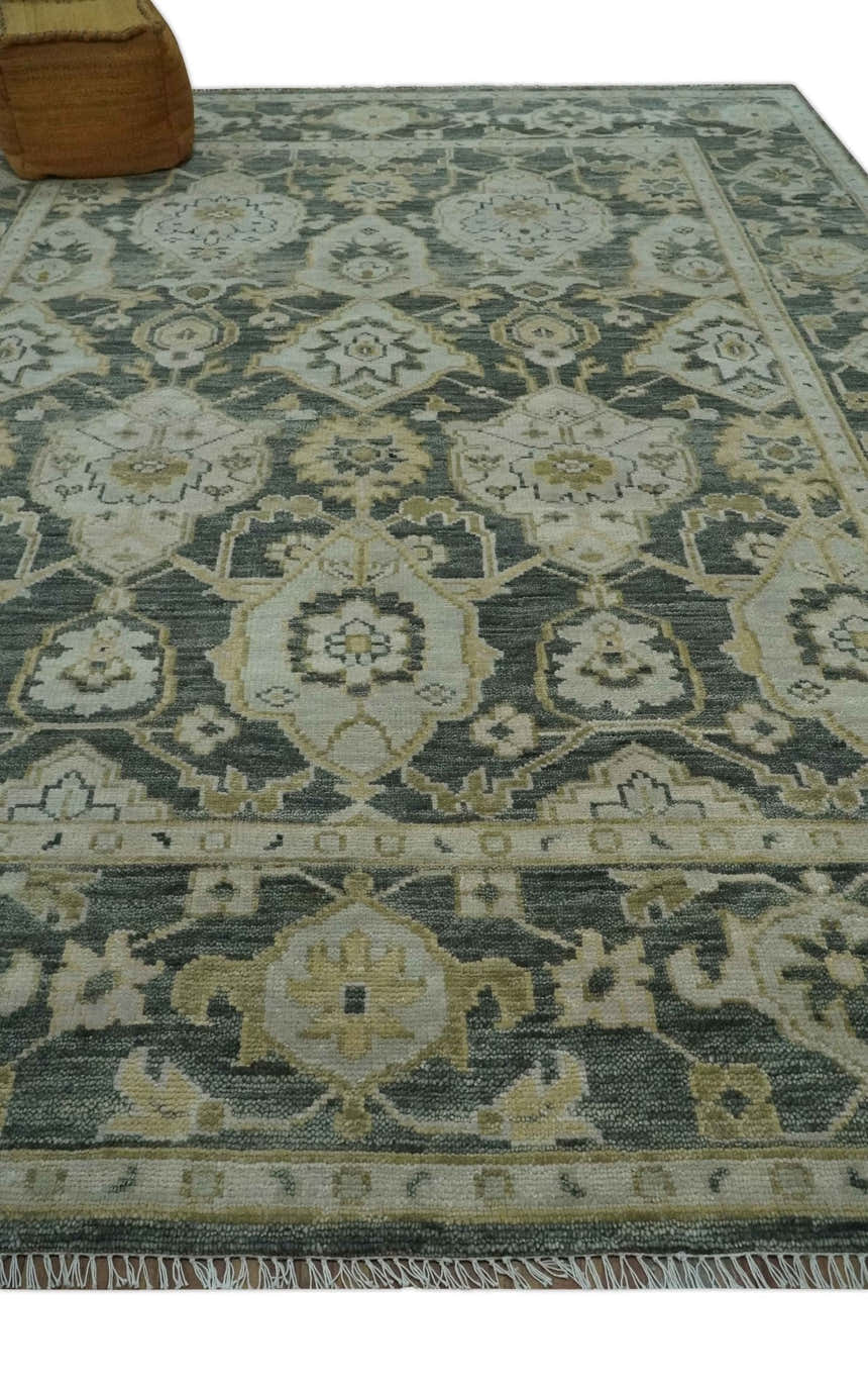 Antique style Gray, Ivory and Olive Hand knotted Traditional Oushak wool Area Rug