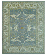 Antique Style Grayish Blue and Ivory Hand Knotted Custom Made Wool Rug