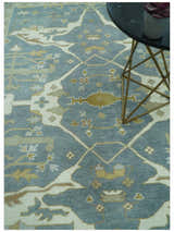 Antique Style Grayish Blue and Ivory Hand Knotted Custom Made Wool Rug