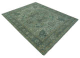 Custom Made Hand Knotted Green and Taupe Traditional wool rug