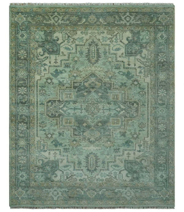 Custom Made Hand Knotted Green and Taupe Traditional wool rug