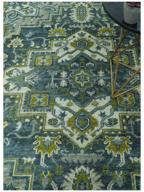 Antique Style Hand Knotted Teal, Gray and Green Traditional multi Size wool rug