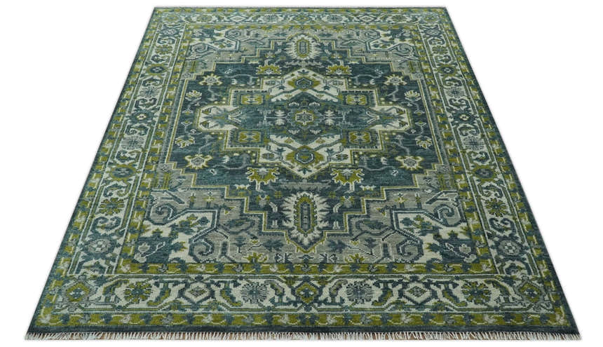 Antique Style Hand Knotted Teal, Gray and Green Traditional multi Size wool rug