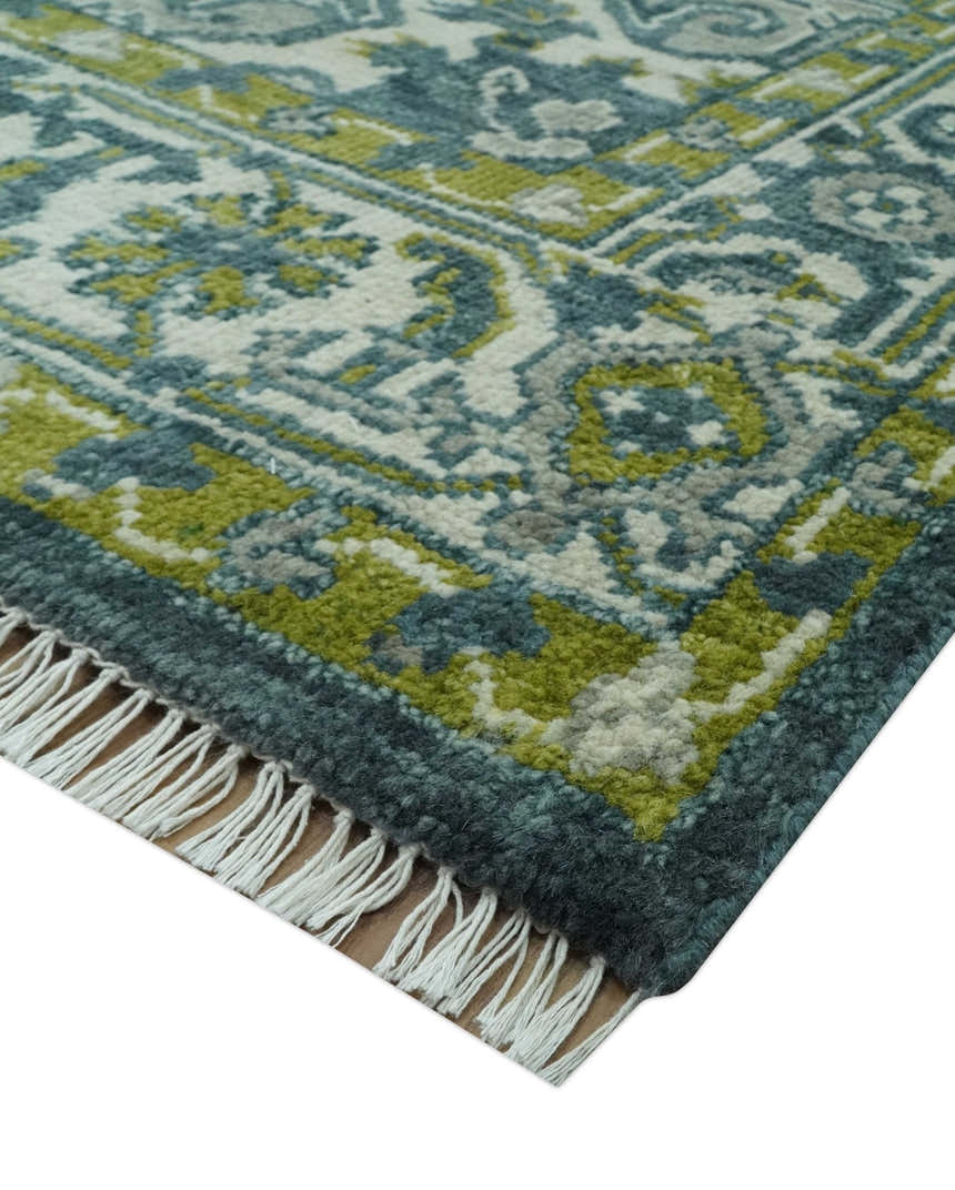 Antique Style Hand Knotted Teal, Gray and Green Traditional multi Size wool rug