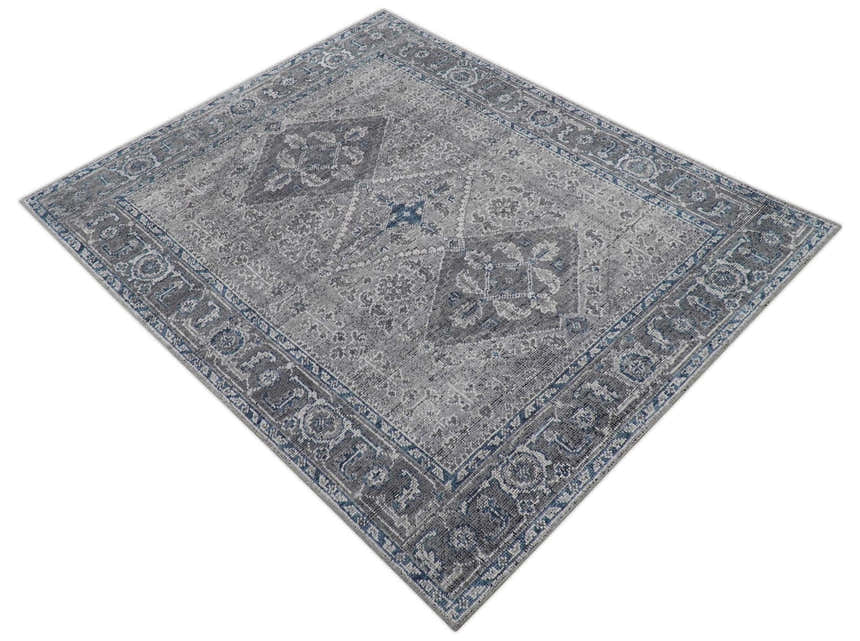 Antique Style Hand Knotted Traditional Blue and Gray Wool Area Rug