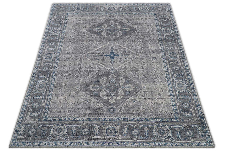Antique Style Hand Knotted Traditional Blue and Gray Wool Area Rug