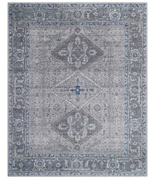 Antique Style Hand Knotted Traditional Blue and Gray Wool Area Rug