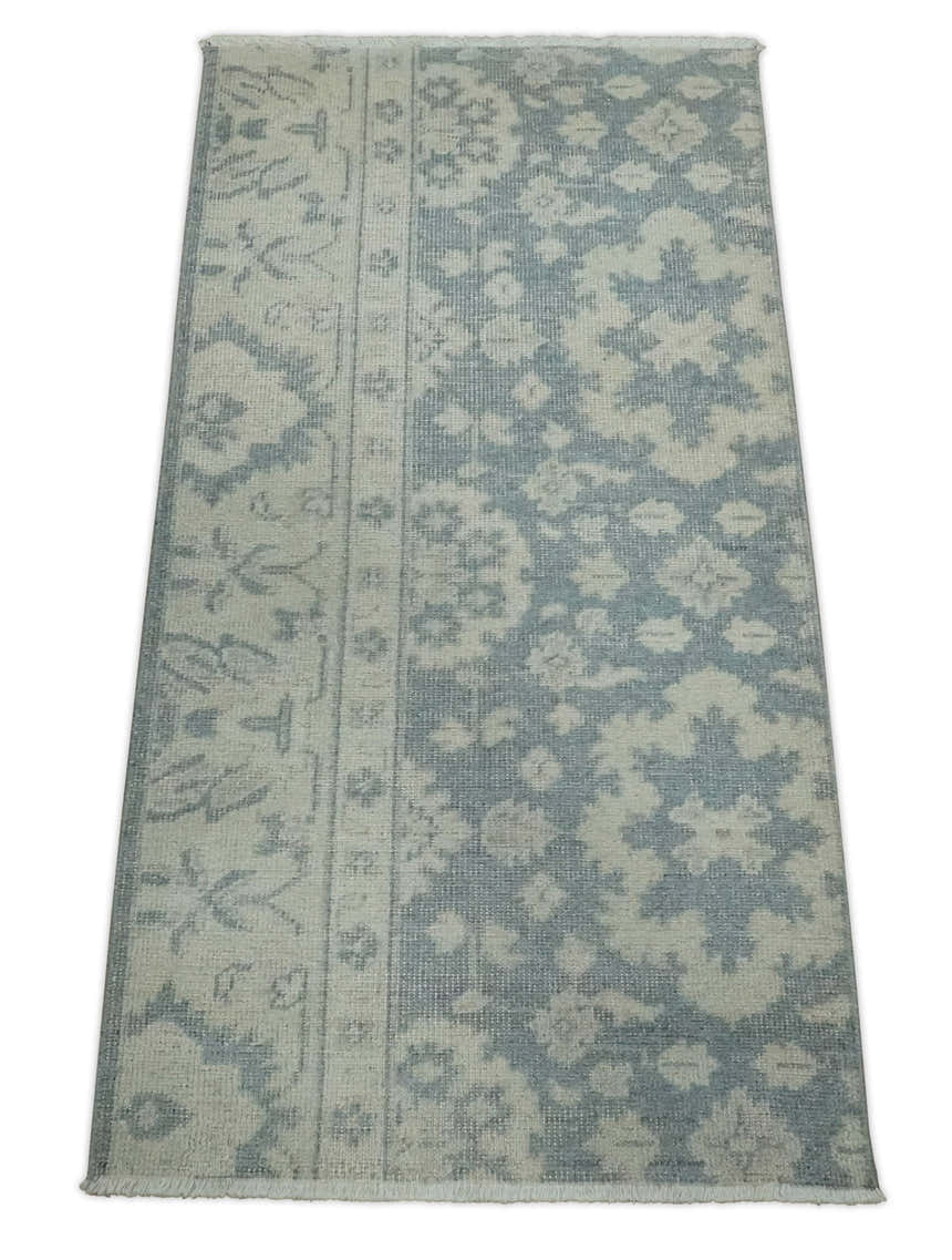 Antique Style Ivory and Charcoal Hand Knotted Traditional Oushak 2x4 wool Bedside Rug