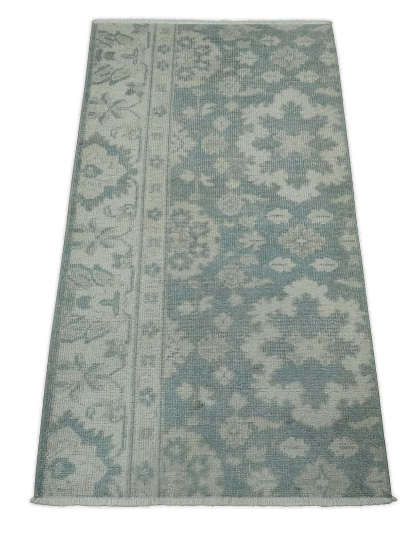 Antique Style Ivory and Gray Hand Knotted Traditional Oushak 2x4 wool Bedside Rug