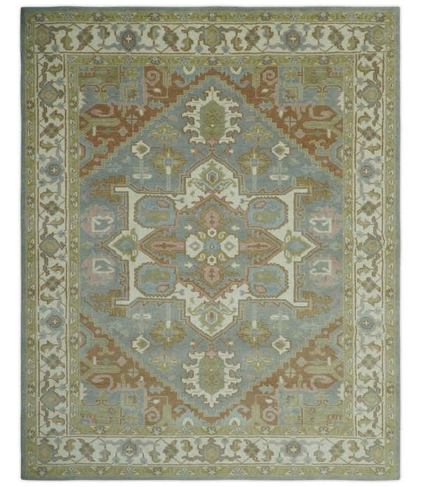 Antique Style Traditional Heriz Gray, Ivory, Peach and Olive Hand Knotted Multi Size wool Area Rug
