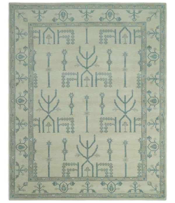 Antique Style Tree of life Beige and Teal Traditional Hand Knotted Custom Made wool Area Rug