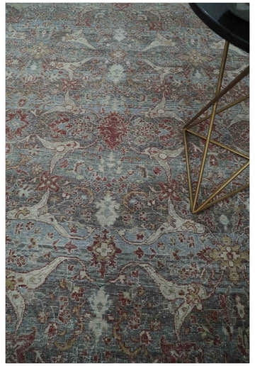 Antique Style Vintage Finish Low Pile Hand Knotted Gray, Silver and Rust Traditional Oushak Wool Rug | TRD2779