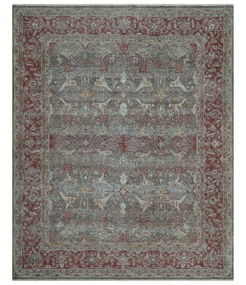 Antique Style Vintage Finish Low Pile Hand Knotted Gray, Silver and Rust Traditional Oushak Wool Rug | TRD2779
