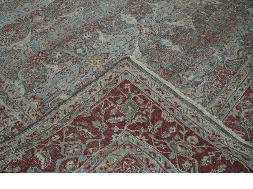Antique Style Vintage Finish Low Pile Hand Knotted Gray, Silver and Rust Traditional Oushak Wool Rug | TRD2779