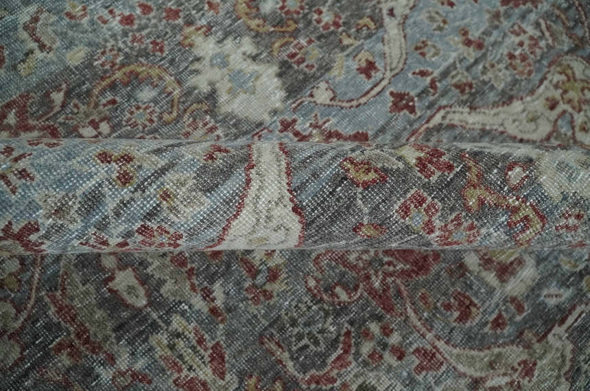 Antique Style Vintage Finish Low Pile Hand Knotted Gray, Silver and Rust Traditional Oushak Wool Rug | TRD2779