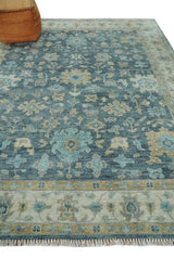 Antique Teal Blue Custom Made Hand Knotted Oriental Oushak  Ivory and Beige Wool Area Rug