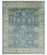 Antique Teal Blue Custom Made Hand Knotted Oriental Oushak  Ivory and Beige Wool Area Rug