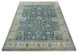 Antique Teal Blue Custom Made Hand Knotted Oriental Oushak  Ivory and Beige Wool Area Rug