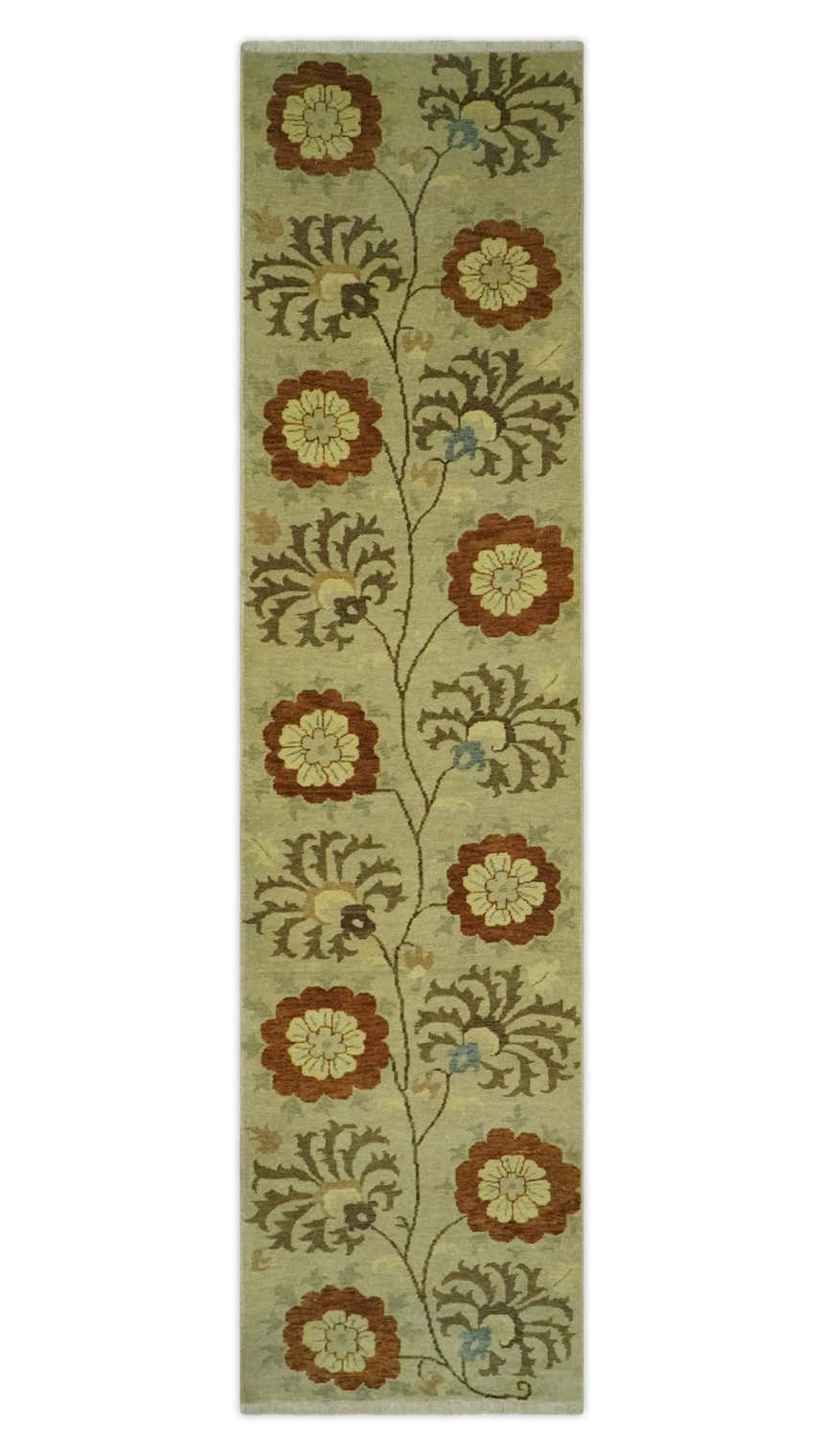 Antique Modern Floral Olive and Rust Hand Knotted Wool Rug