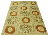 Antique Modern Floral Olive and Rust Hand Knotted Wool Rug