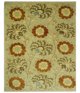 Antique Modern Floral Olive and Rust Hand Knotted Wool Rug