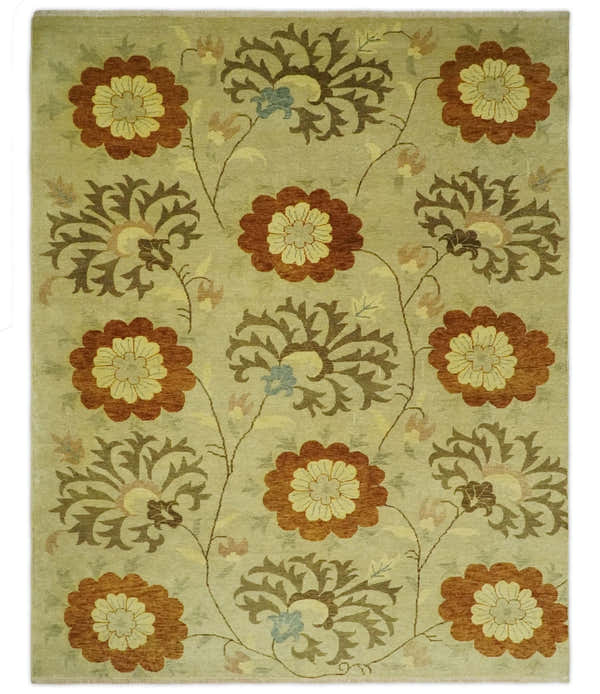 Antique Modern Floral Olive and Rust Hand Knotted Wool Rug