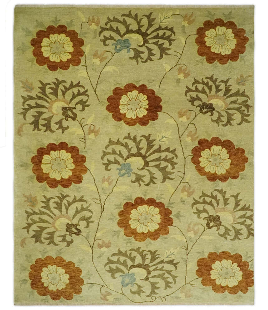 Antique Modern Floral Olive and Rust Hand Knotted Wool Rug