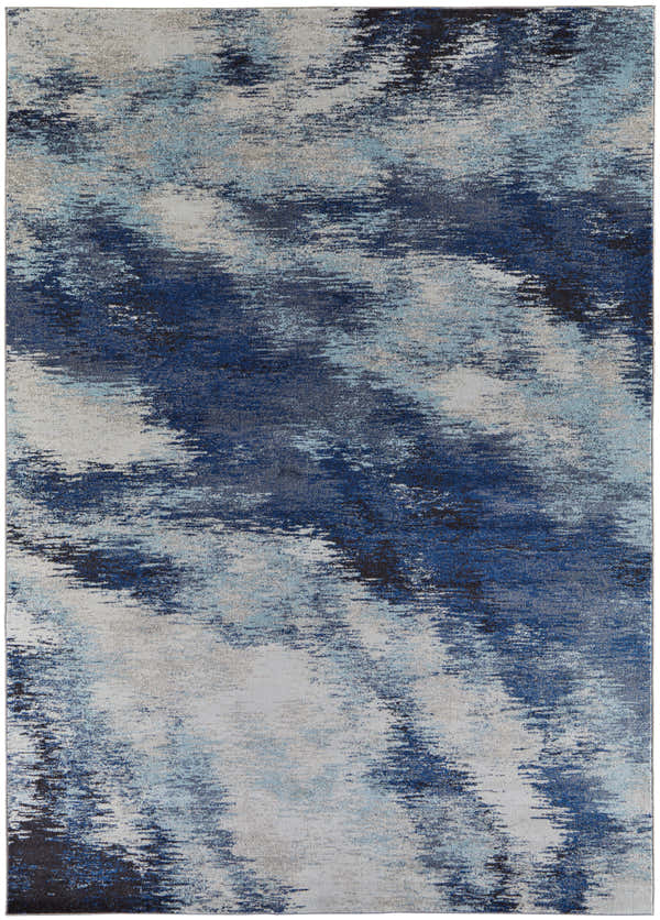 Feizy Edgemont rug close-up: abstract brushstroke design in blue and ivory. Distressed, modern style. Design-Rectangle