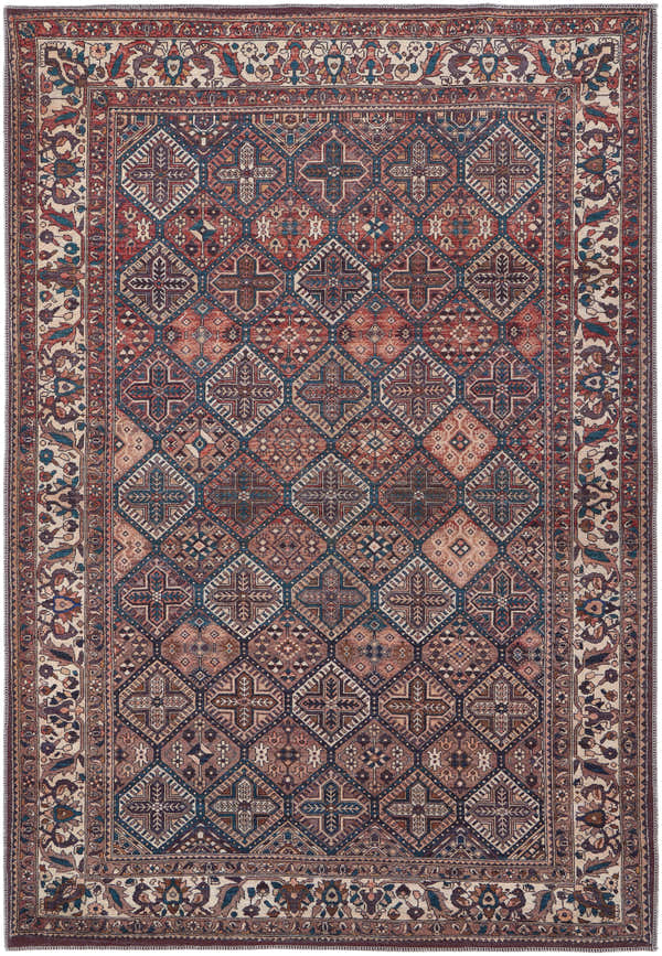 Detailed Feizy Rawlins Brown/Red/Ivory Area Rug with a transitional geometric and floral pattern. Design-Rectangle