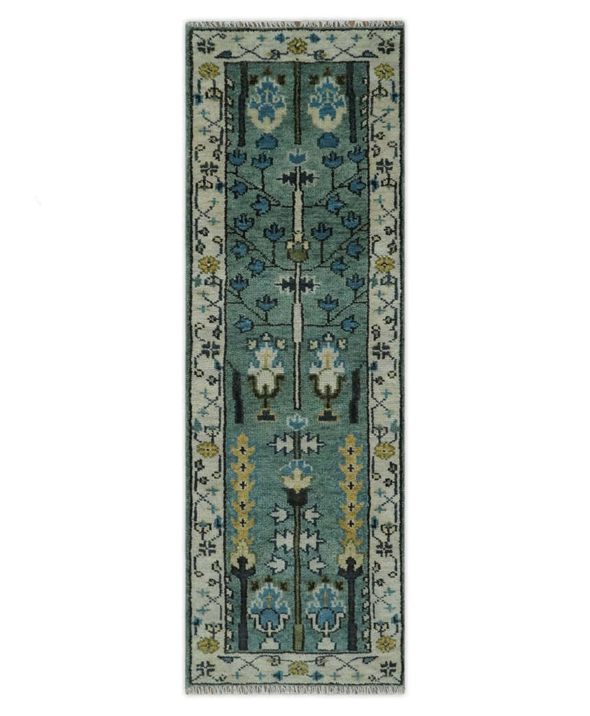 Hand Knotted Aqua Green and Ivory Traditional Turkish Vintage Style Mu ...