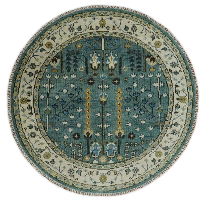 Hand Knotted Aqua Green and Ivory Traditional Turkish Vintage Style Mu ...