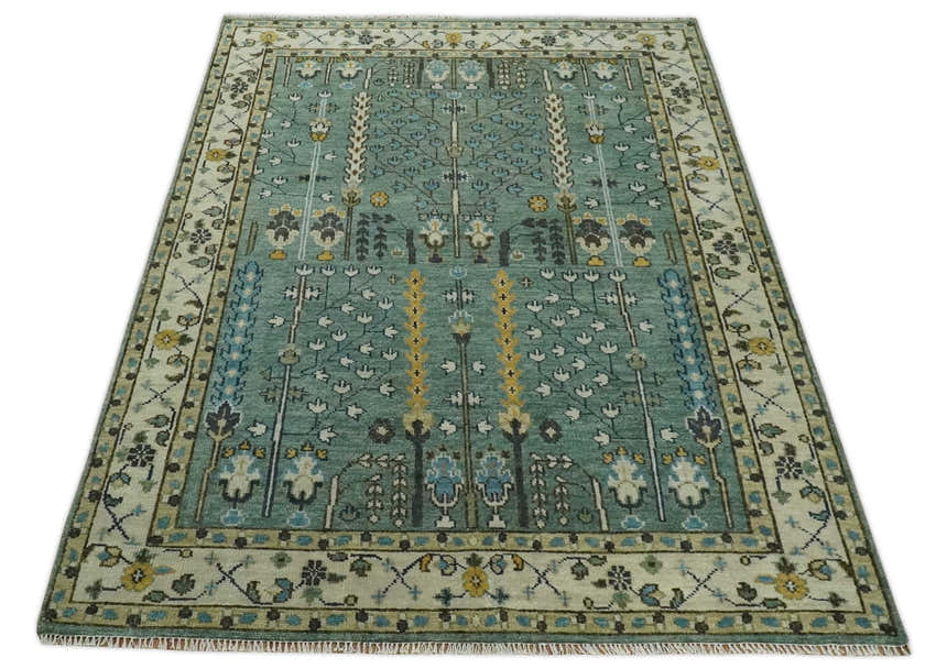 Hand Knotted Aqua Green and Ivory Traditional Turkish Vintage Style Mu ...