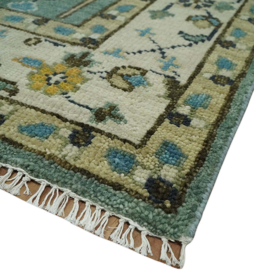 Hand Knotted Aqua Green and Ivory Traditional Turkish Vintage Style Mu ...
