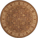 Close-up of round Nourison 3000 Taupe Persian rug; intricate floral pattern in taupe, ivory, and brown. Handmade wool and silk.