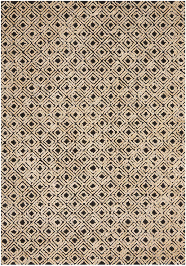 Close-up of the Nourison Deco Mod Black Beige rug featuring a geometric diamond pattern and textured weave.
