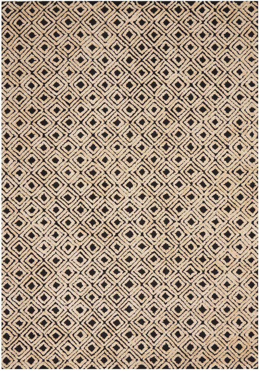 Close-up of the Nourison Deco Mod Black Beige rug featuring a geometric diamond pattern and textured weave.