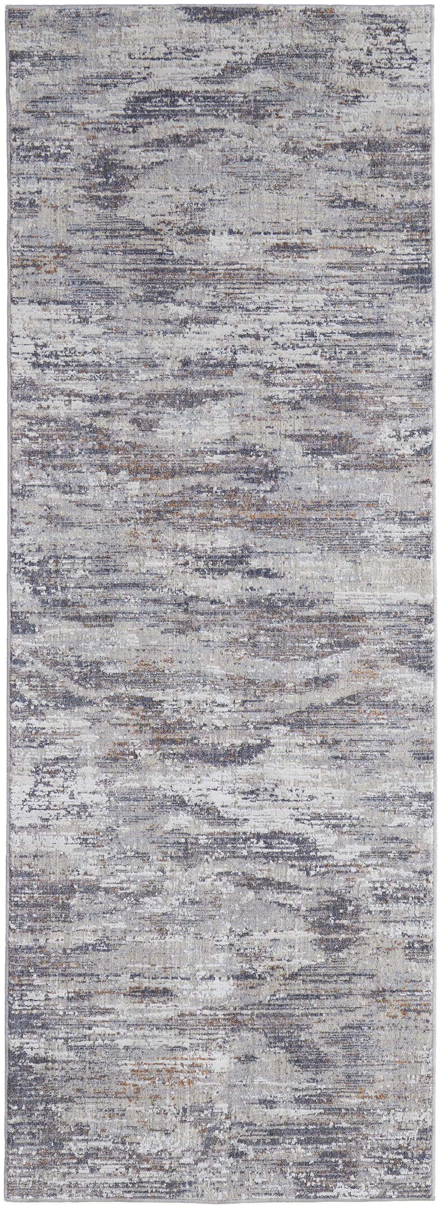 Close-up of Feizy Lennon Transitional Abstract rug. Taupe, tan, and orange hues with a distressed, horizontal pattern. Design-Runner
