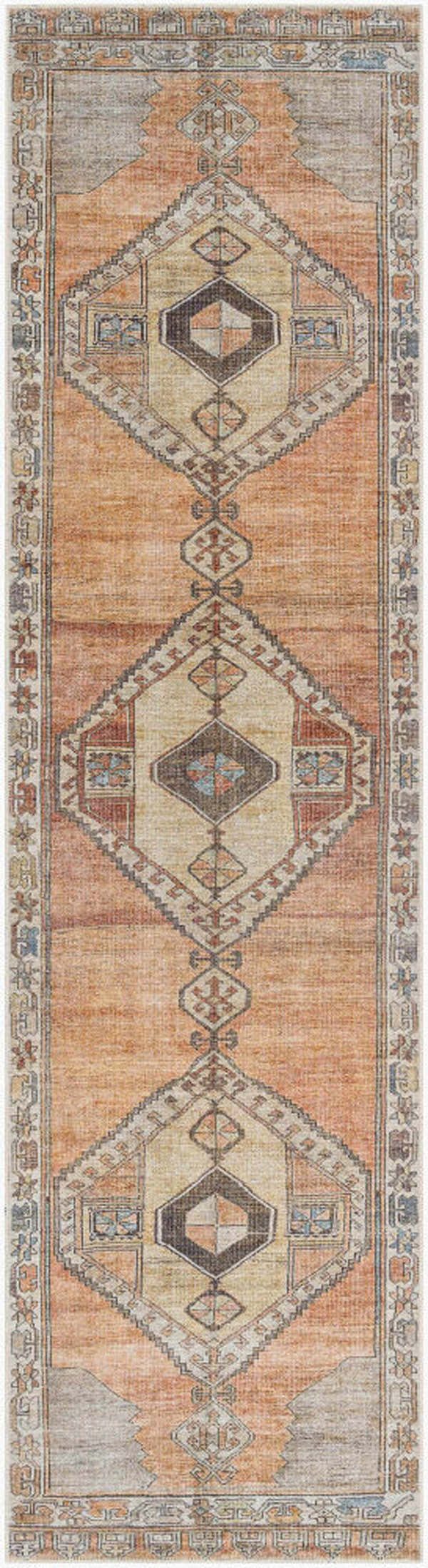 Close-up of the Medinah Washable Runner Rug. Features a traditional diamond pattern in dark brown, red, ivory, and mustard tones. Design-Runner-2710