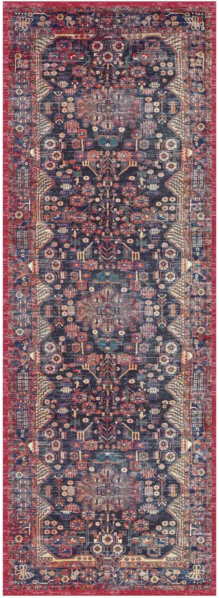 Detailed Nourison Fulton Red Vintage Indoor Area Rug runner with distressed floral and geometric pattern.