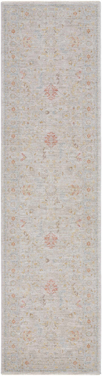 Close-up of the Awena Thick Luxe Area Rug. Traditional floral pattern in amber, dusty pink, and gray on a taupe background. Design-Runner-2710