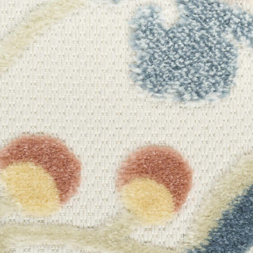 Close up of Nourison Aloha Grey Multicolor Farmhouse Area Rug showing the pile texture and gray, pink, and yellow colors.