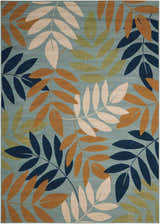 Close-up of Nourison Caribbean Blue rug featuring a contemporary leaf pattern in light blue, navy, tan, and green.