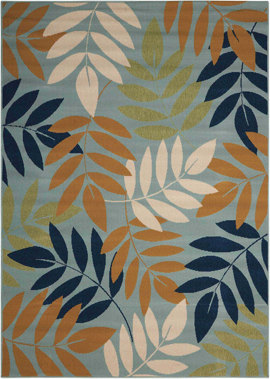 Close-up of Nourison Caribbean Blue rug featuring a contemporary leaf pattern in light blue, navy, tan, and green.
